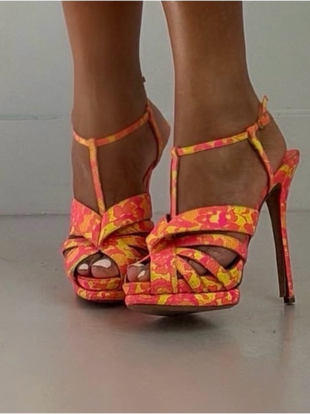 Nicholas Kirkwood Coral and Yellow Floral T-Strap Platform Heels